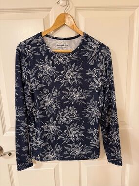 Hang Ten Solara Women’s Sun Shirt Navy White Floral UPF 50+ EUC Retro Soft Small